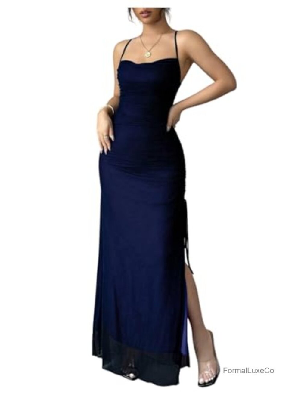 Sheer Mesh Bodycon Maxi Dress Cowl Neck High Slit Party Club Gown